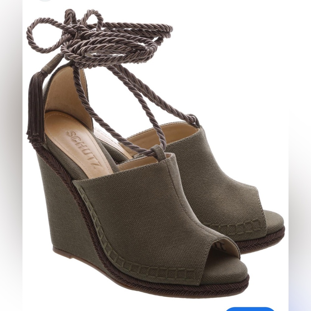 Schutz canvas rope-tie wedge sandals olive green shoes - Picture 4 of 5